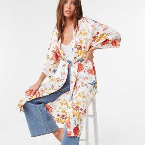 NWOT white satin Floral KIMONO robe silky long tie